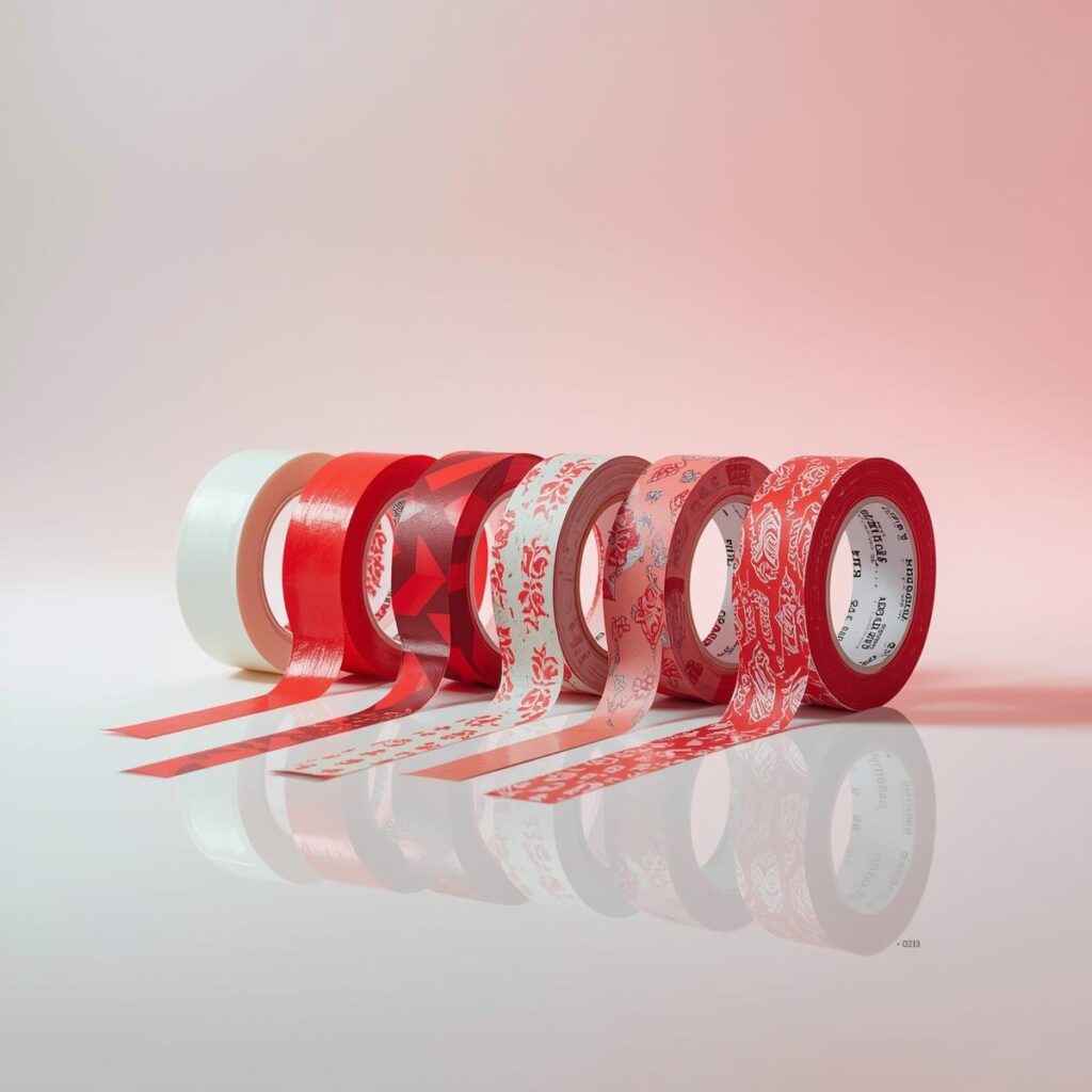 artistic product lineup showing five types of tape — bopp, masking, duct, double sided, printed tape — on a reflective white surface, red accents, modern studio style.